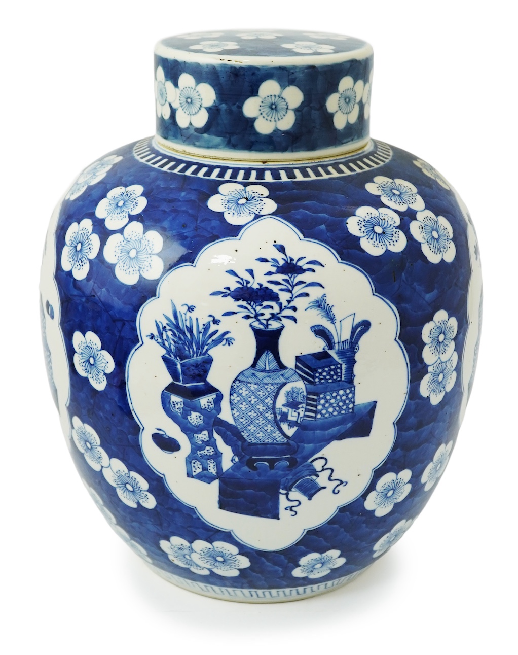 A large Chinese blue and white ‘Hundred Antiques’ jar and cover, late 19th century